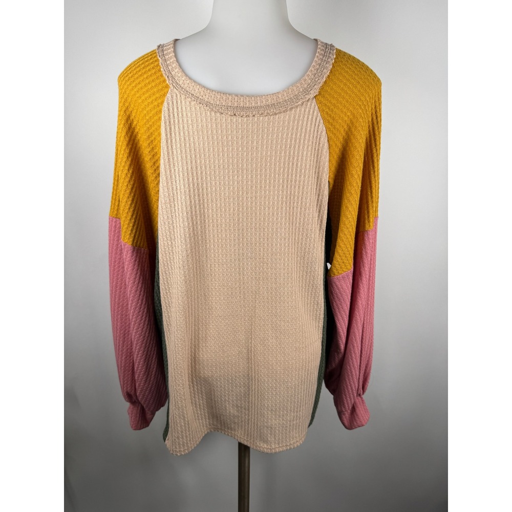 Women's Everyday Chic Boutique Colorblock Waffle Knit Long Sleeve Top Size Small